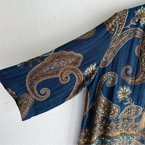 Soft Surroundings Blue & Gold Paisley Kimono Cardigan Boho Sz S/M - Picture 3 of 7